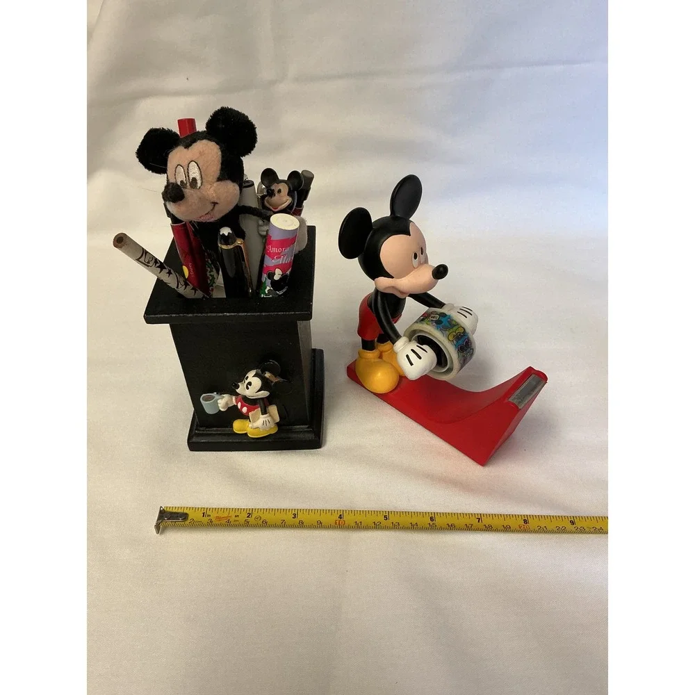 Disney Mickey Mouse Desk Set Tape Dispenser Pencil Cup and Vintage Pens Lot